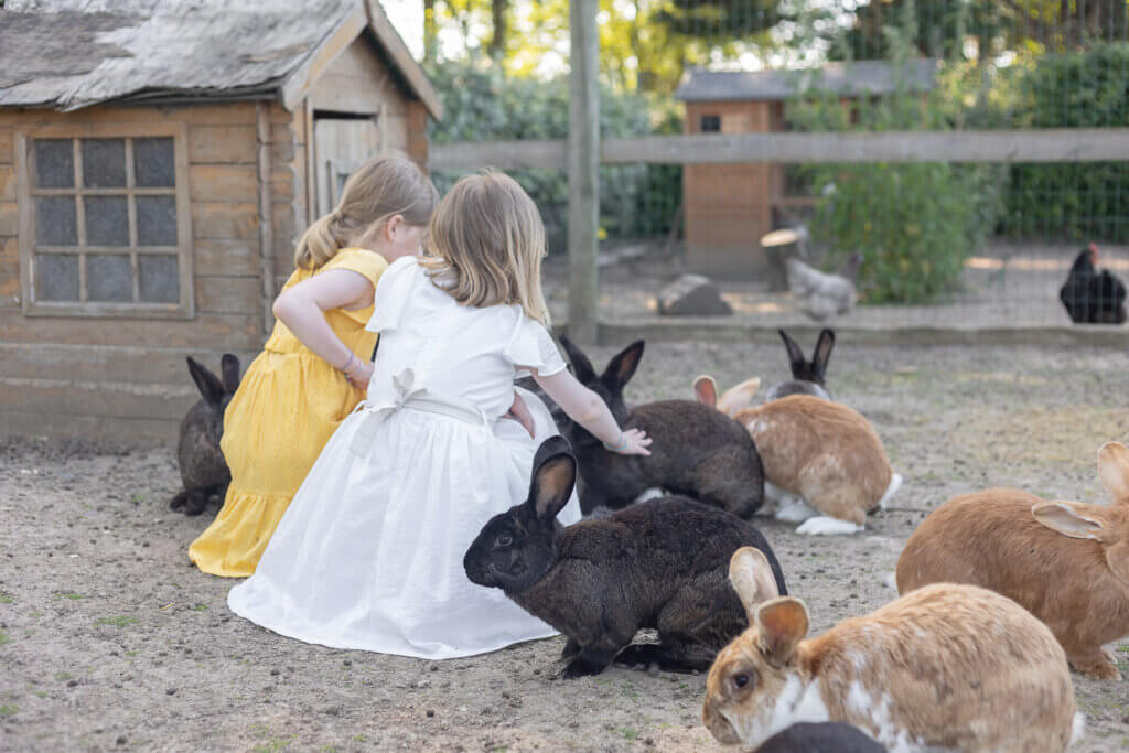 Deux enfants caressent les lapins de la mini-ferme de l'hotel Ferme de la Ranconniere kids friendly en Normandie